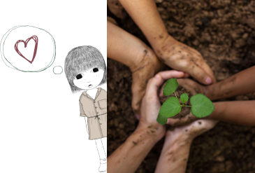Three pairs of hands hold a sprout of a green plant